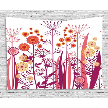Flower Tapestry Garden Pink Florals Buds Leaves Swirls Romantic Modern Art Wall Hanging For Bedroom Living Room Dorm Decor 80w X 60l Inches Purple