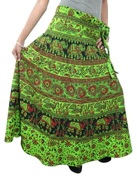 Mogul Women's Indian Wrap Around Skirt Green Ethnic Printed Long Beach Dress