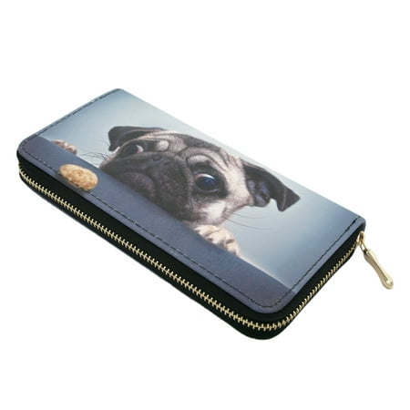 Premium Pug & Treat Cute Puppy Dog Animal Print PU Leather Zip Around
