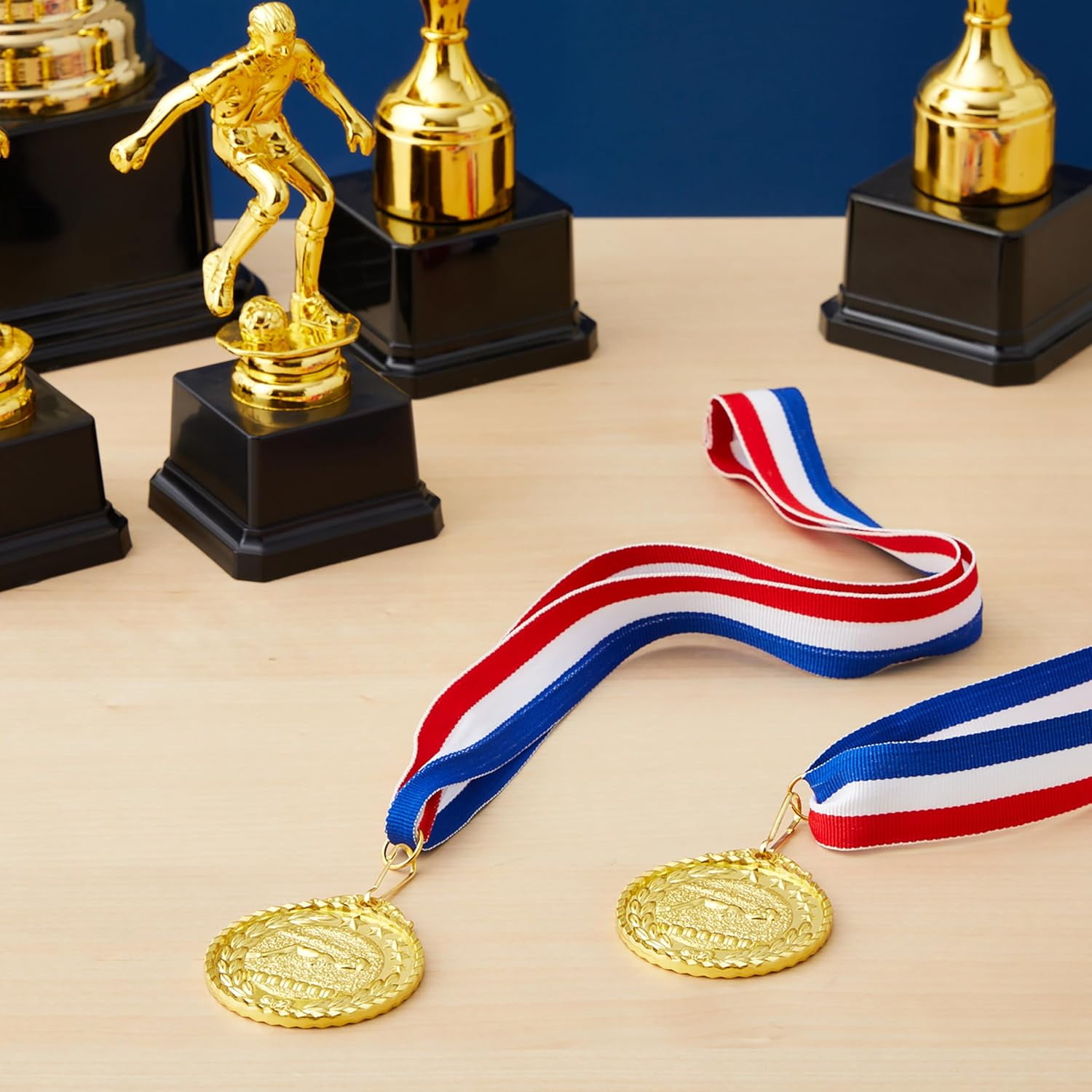 12 Pack Award Medals for Adults - Team Participation Trophies with Red, White, and Blue Striped Ribbon, Sports Themed Party Favors (2 in, Metal, Gold)