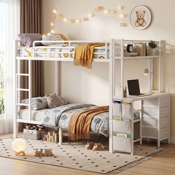 Miniyam Twin Over Twin Bunk Bed with Desk, Storage and Charging Station, Metal Frame, White