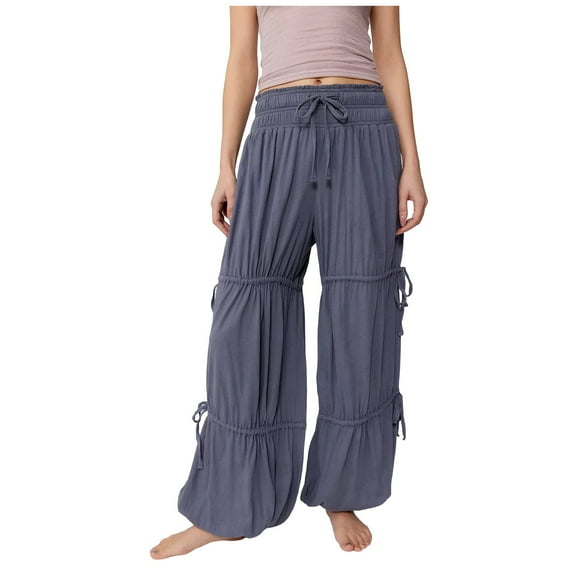 Plebaso Pants for Women Casual Solid Color Layered Drawstring High-Waisted Pleated Pants Women's Lounge Pants