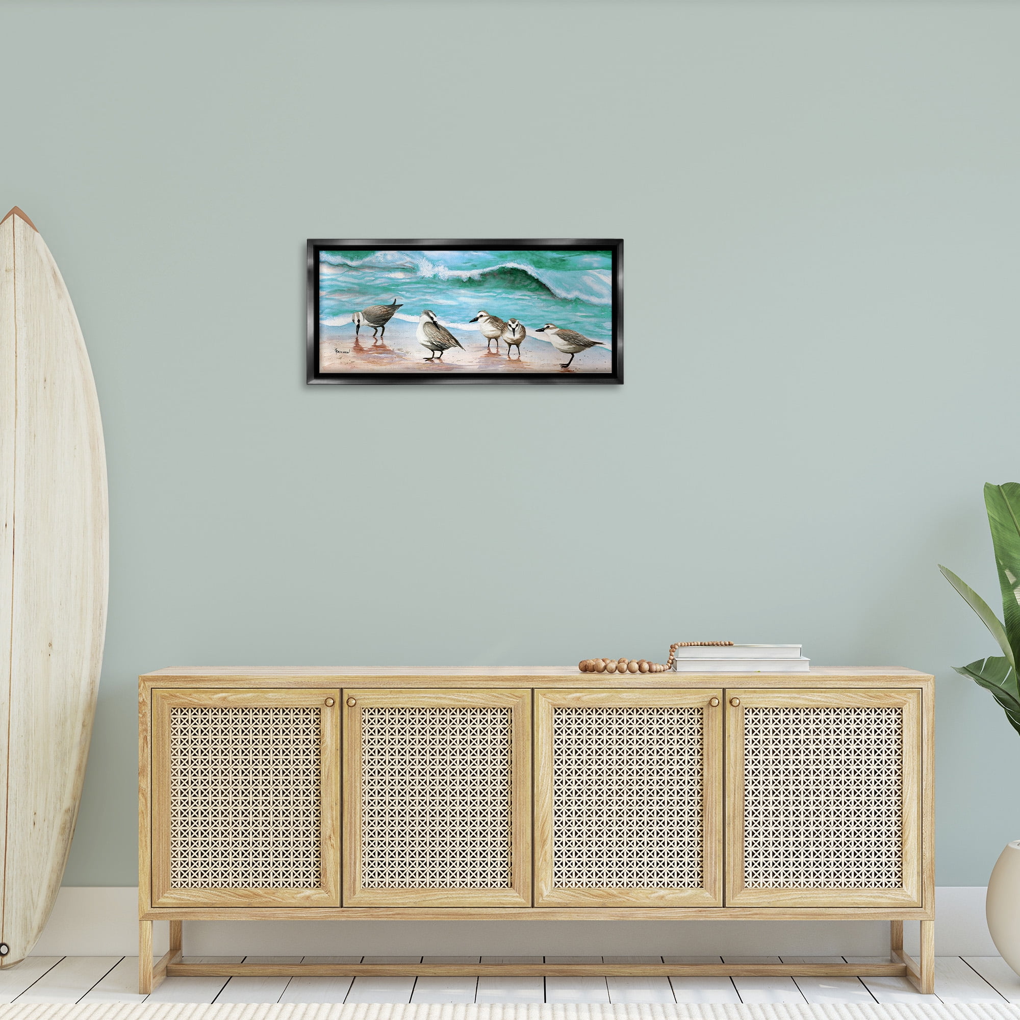 Stupell Industries Sandpipers Along Beach Shore Animals & Insects Painting Black Floater Framed Canvas Art Print Wall Art, 31 x 14