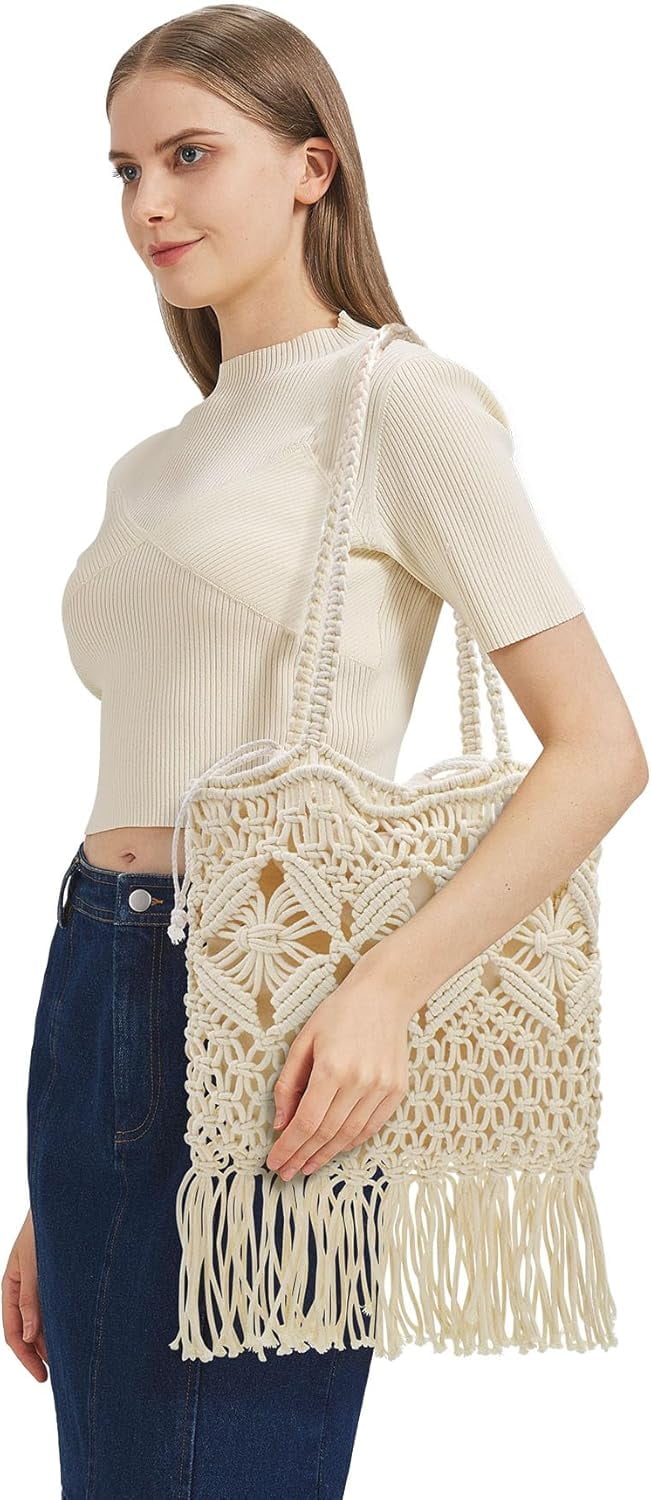 Boho Crochet Summer Handbag Handmade Cotton Rope Knit Shoulder Bags for Women Bohemia Tote for Travel