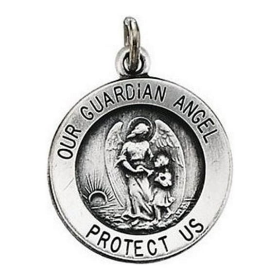 Picturesongold.Com Round Guardian Angel Medal Necklace Pendants - 2/3 inch x 2/3 inch- Sterling Silver