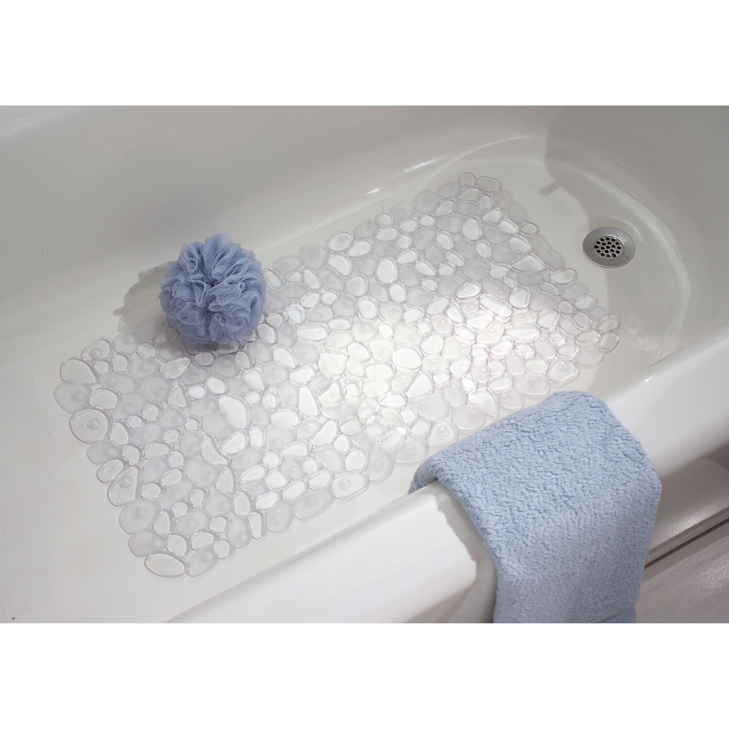 Bath Shower Mat Non Slip Oval PVC Pebble Design Suction Cups Clear Blue Grey New 