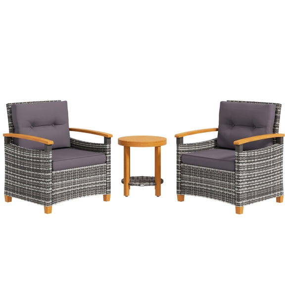 Outsunny 3-Piece Patio Bistro Set with Cushions, PE Wicker Outdoor Furniture for Porch Backyard Garden, Gray Wooden Chairs and Table