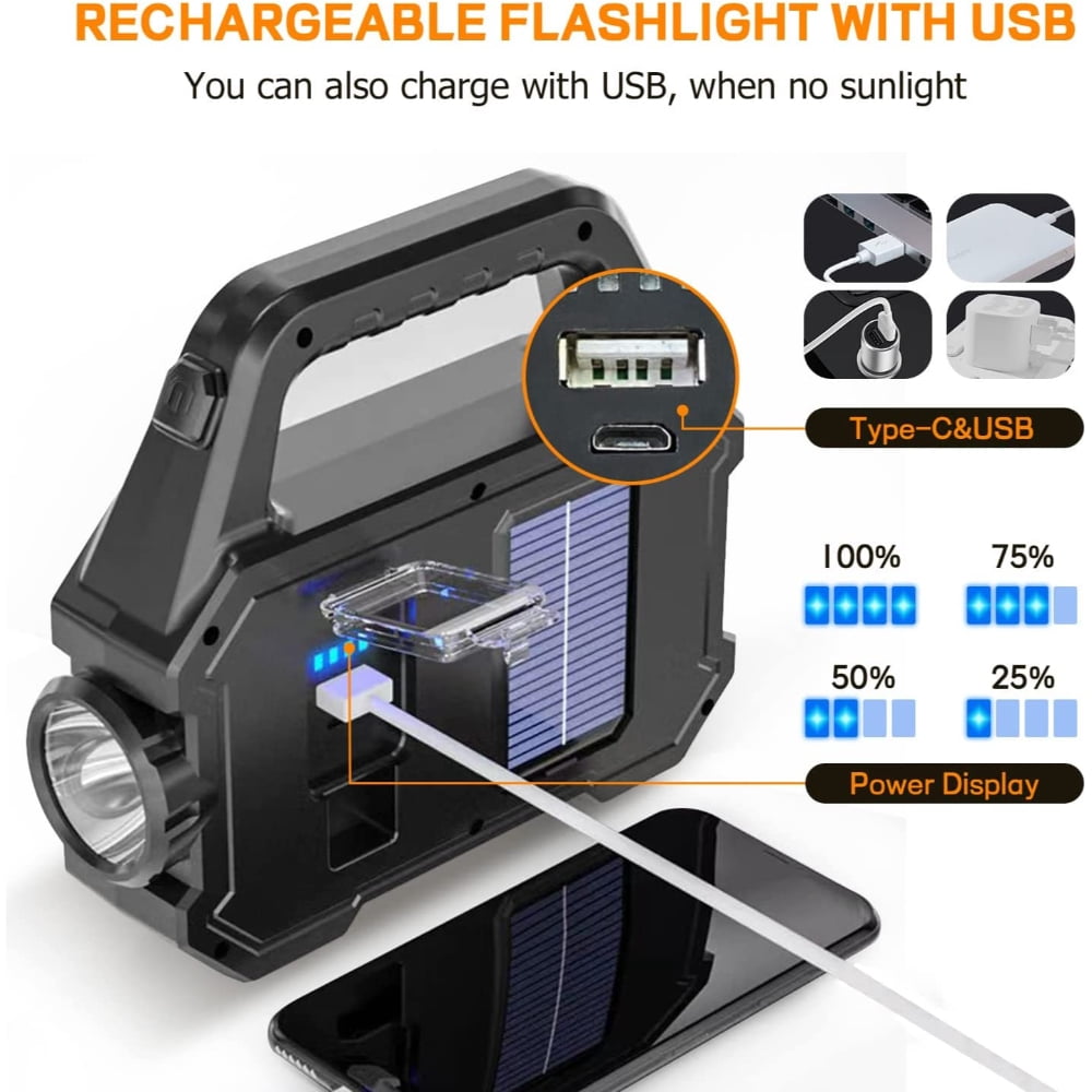Solar Handheld Flashlight with USB Cable, 6 Modes Rechargeable Multifunction Lights Super Bright LED Searchlight, Lightweight Waterproof Portable Spotlight