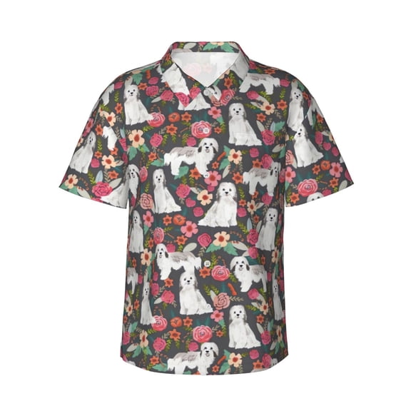 Havanese Dogs Lovers Pink Rose Flower Floral Men'S 3d Print Casual Button Down Shirts, Novelty Hawaiian Short Sleeves S