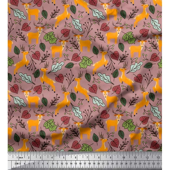 Soimoi Velvet Fabric Leaves & Reindeer Animal Print Fabric by The Yard 58 Inch Wide