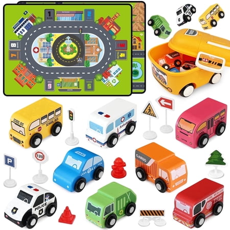 Einailvk Montessori Wooden Car Toys for Toddlers 22 Pcs Toy Cars with Playmat Storage Box Car Trucks Toys Vehicles Set for Aged 1-3+ Birthday & Holiday Gifts