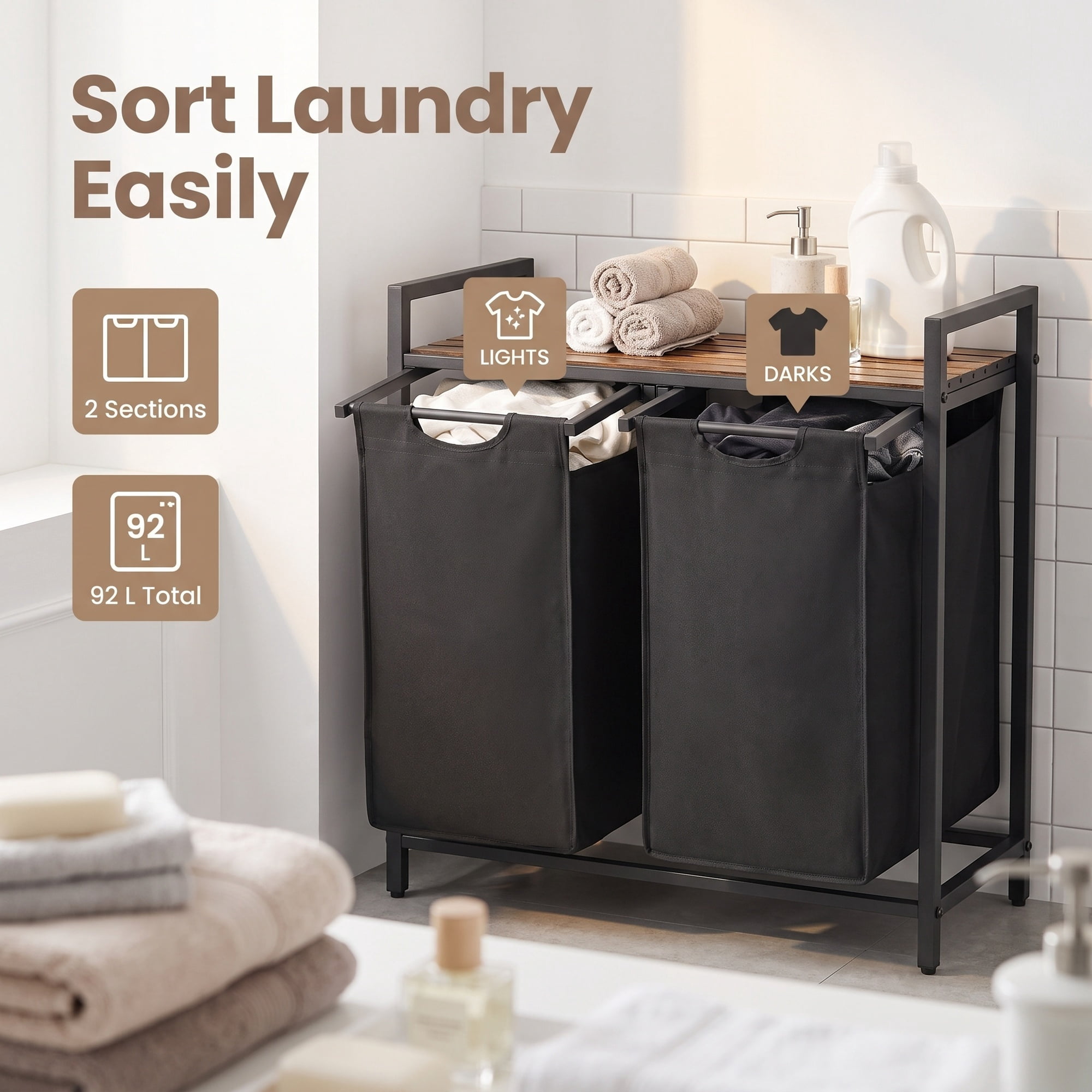 Ledrem 2-Compartment Foldable Laundry Hamper Clothes Sorter, Black