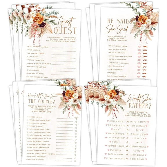 Fun Bridal Shower Games – Boho Floral Terracotta Orange Wedding Activities Set, 25 Double-Sided Cards, Includes Guest Quest, He Said She Said, Would She Rather?, and How Well Do You Know The Couple?