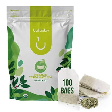 100 Unsmoked Organic Yerba Mate Tea Bags, Organic Yerba Mate Tea, Alternative to Tea, Coffee and Energy Drinks (100 Tea Bags (1 Pack))