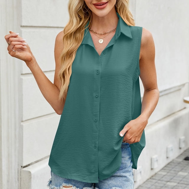 asjyhkr Womens Tank Tops Button down Sleeveless Summer Tops Loose Fitting Fashion T Shirts Solid Color