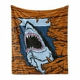 thumbnail image 1 of Shark Soft Flannel Fleece Throw Blanket, Wild Fish Breaking Wooden Plank Danger Sign Killer Creature Fun Illustration, Cozy Plush for Indoor and Outdoor Use, 50" x 70", Ginger Dark Blue, by Ambesonne, 1 of 6