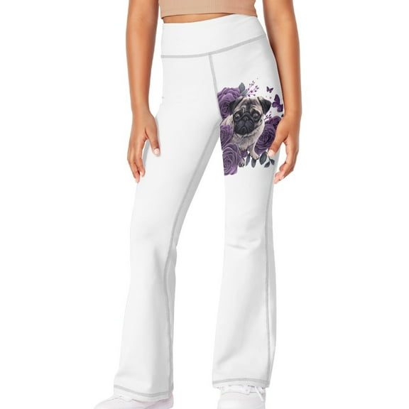 DISNIMO White Flower Pekingese Bell Bottoms for Girls 5-6 Flare Leggings for Kids Yoga Pants for Girls Leggings Flare with Pockets Girls Flare Pants Outfit High Waist Bell-Bottomed Pants