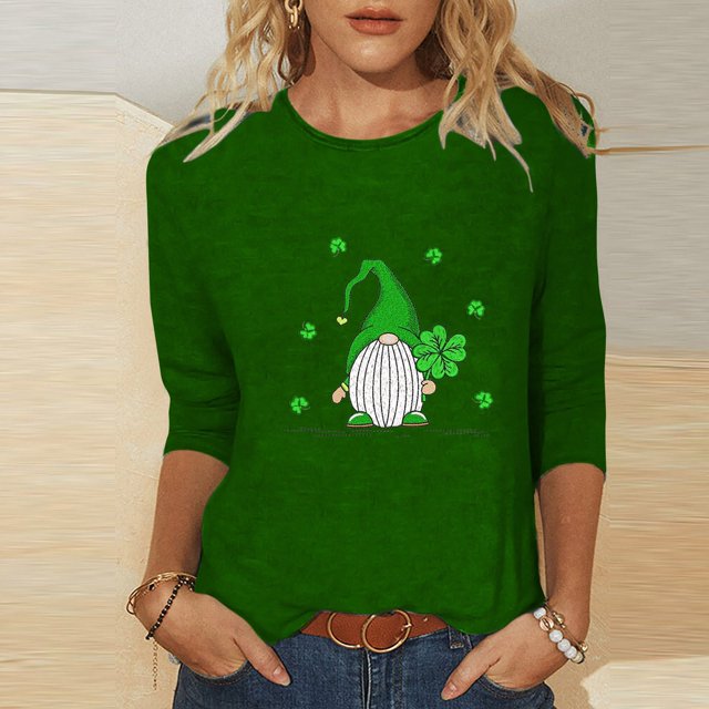 Meichang T-Shirts pour Femmes Jour de la Saint-Patrick Manches 3/4 Hauts Trèfle Chanceux T-Shirts Imprimé Vert Col Rond Décontracté Vacances T-Shirts Jour de la Saint-Patrick