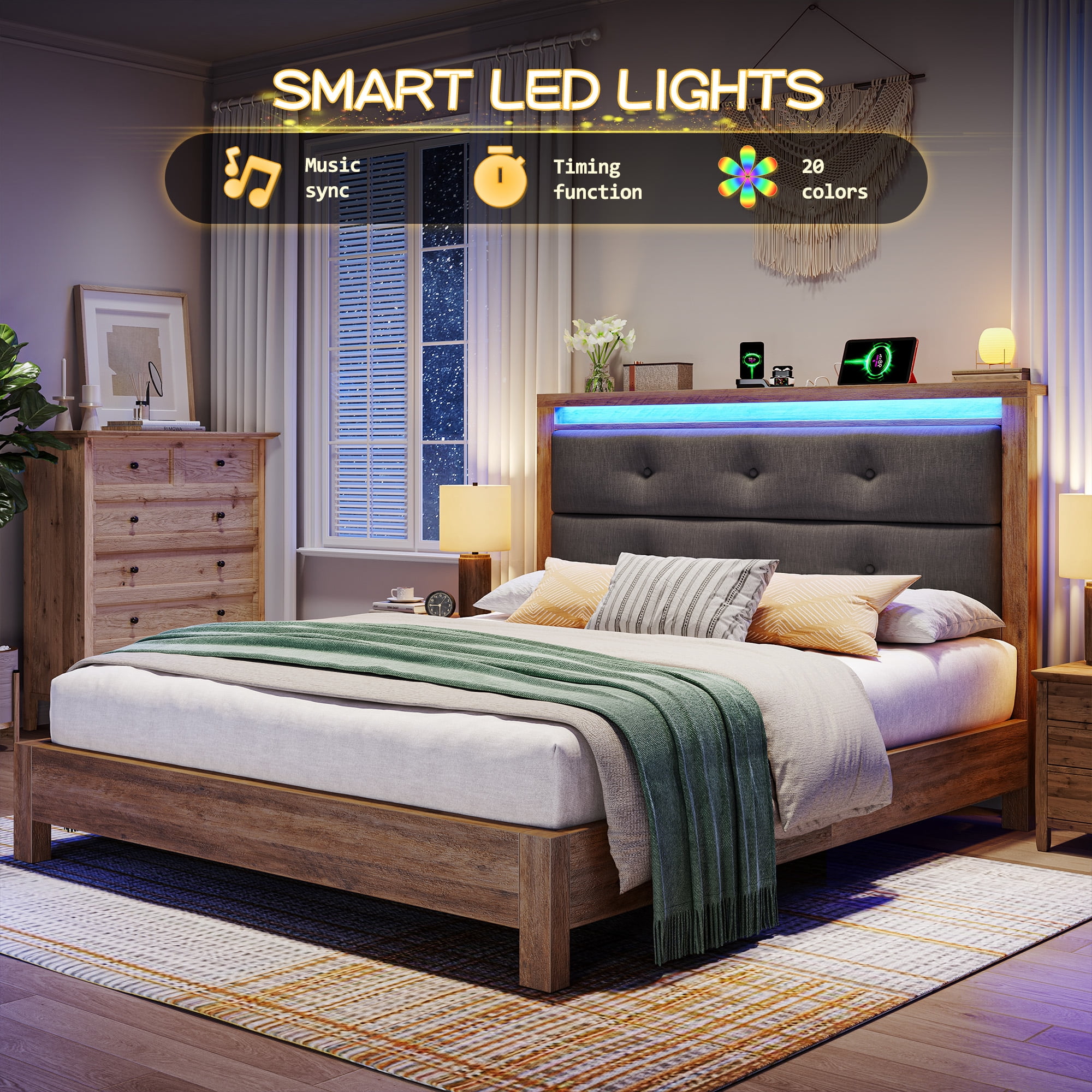EnHomee Queen Bed Frame with LED Lights and Charging Station Upholstered Platform Bed with Headboard & Storage Shelf Sturdy Wood Qunne Size Bed Frame, No Box Spring Needed, Gray