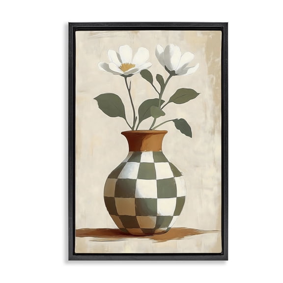 Stupell Industries Southwestern Checkboard Green Flower Vase Black Floating Frame Canvas Art, 17 x 25, by Creative Studio