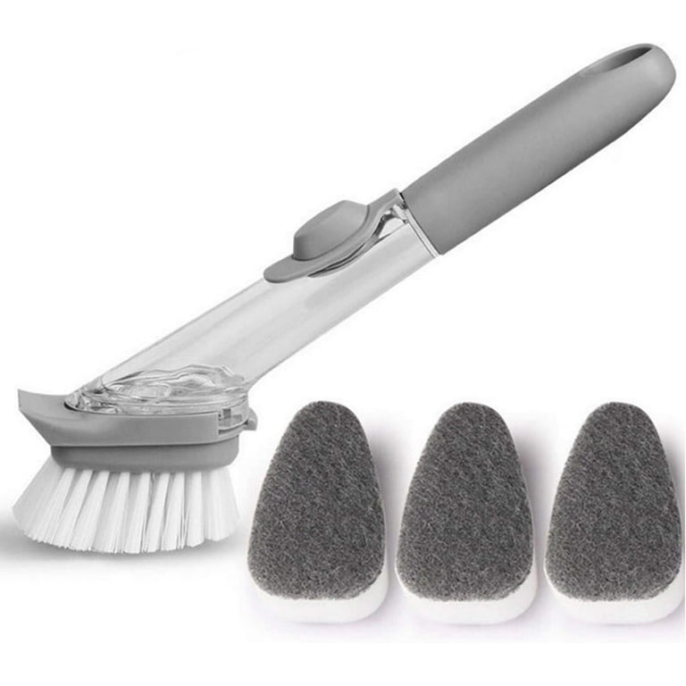 Dish Brush with Handle, Dish Scrubber with Soap Dispenser, Kitchen Scrub  Brush for Dishes Pots Pans Sink Cleaning, 4 Replaceable Brush Heads (Grey)