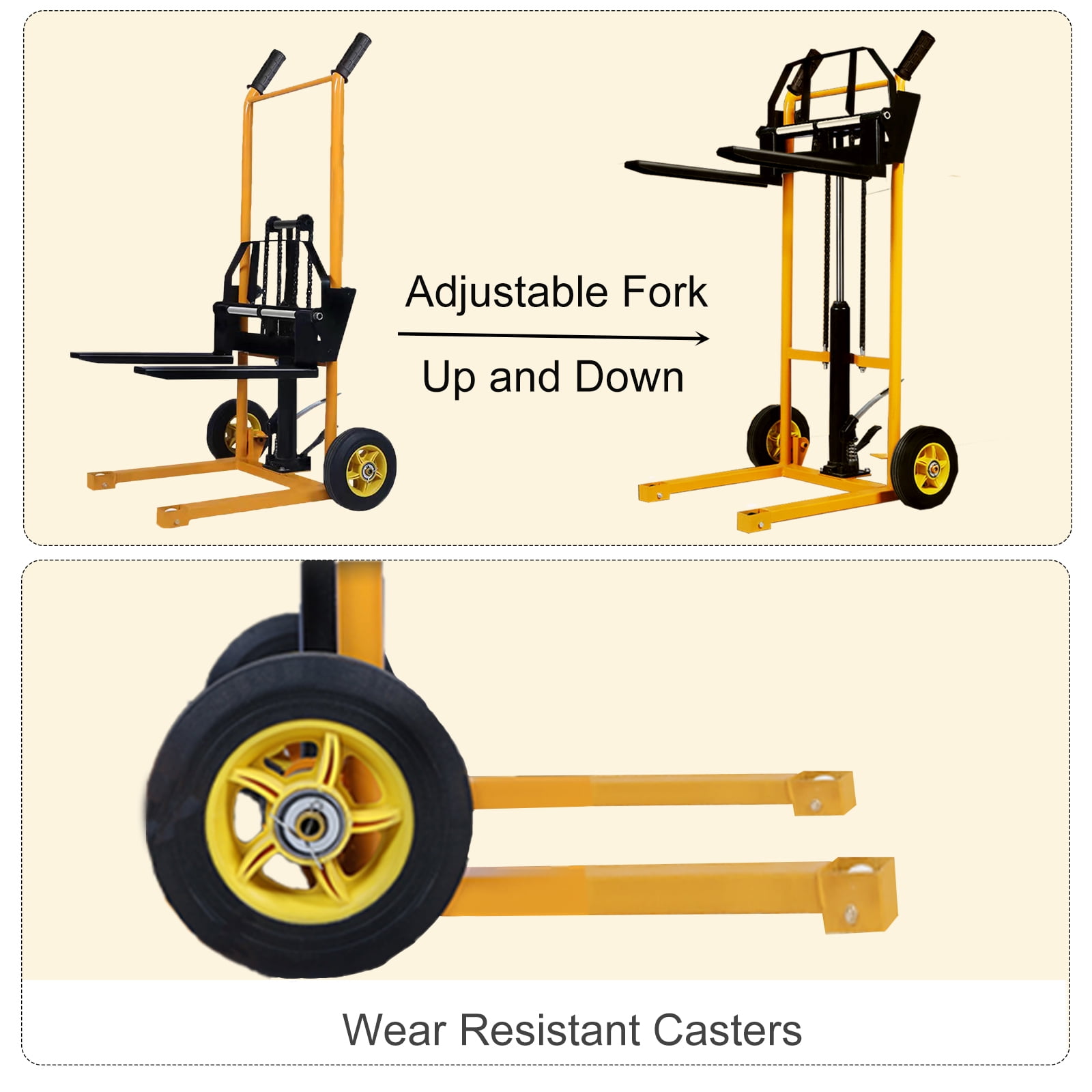 Small Manual Forklift Hydraulic Stacker, Portable Material Lift Truck with Adjustable Forks and Fixed Legs, 440 Lbs Straight Wheel Stacker Truck (Without Pallets)