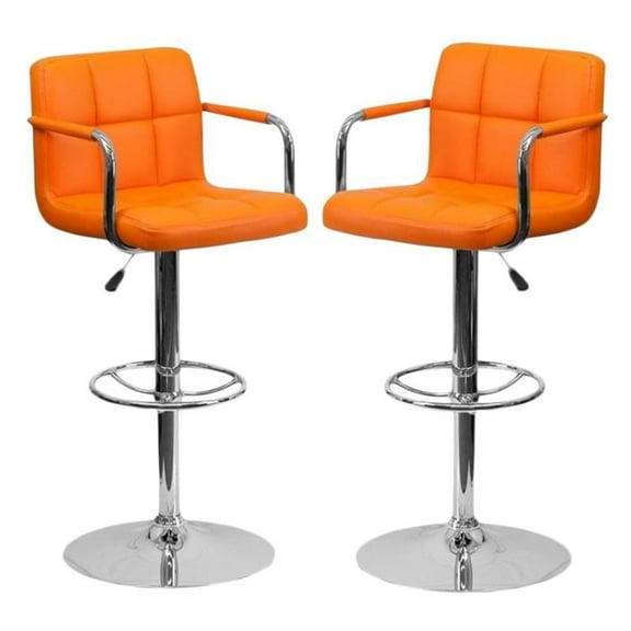 Home Square Quilted Adjustable Bar Stool with Arms in Orange - Set of 2