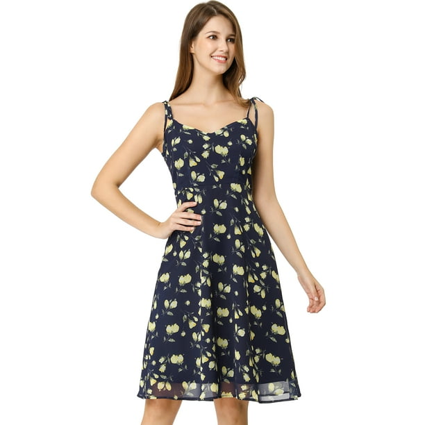 Vestido Aline con tirantes finos de verano para mujer Vestido de tirantes floral fruncido Azul L