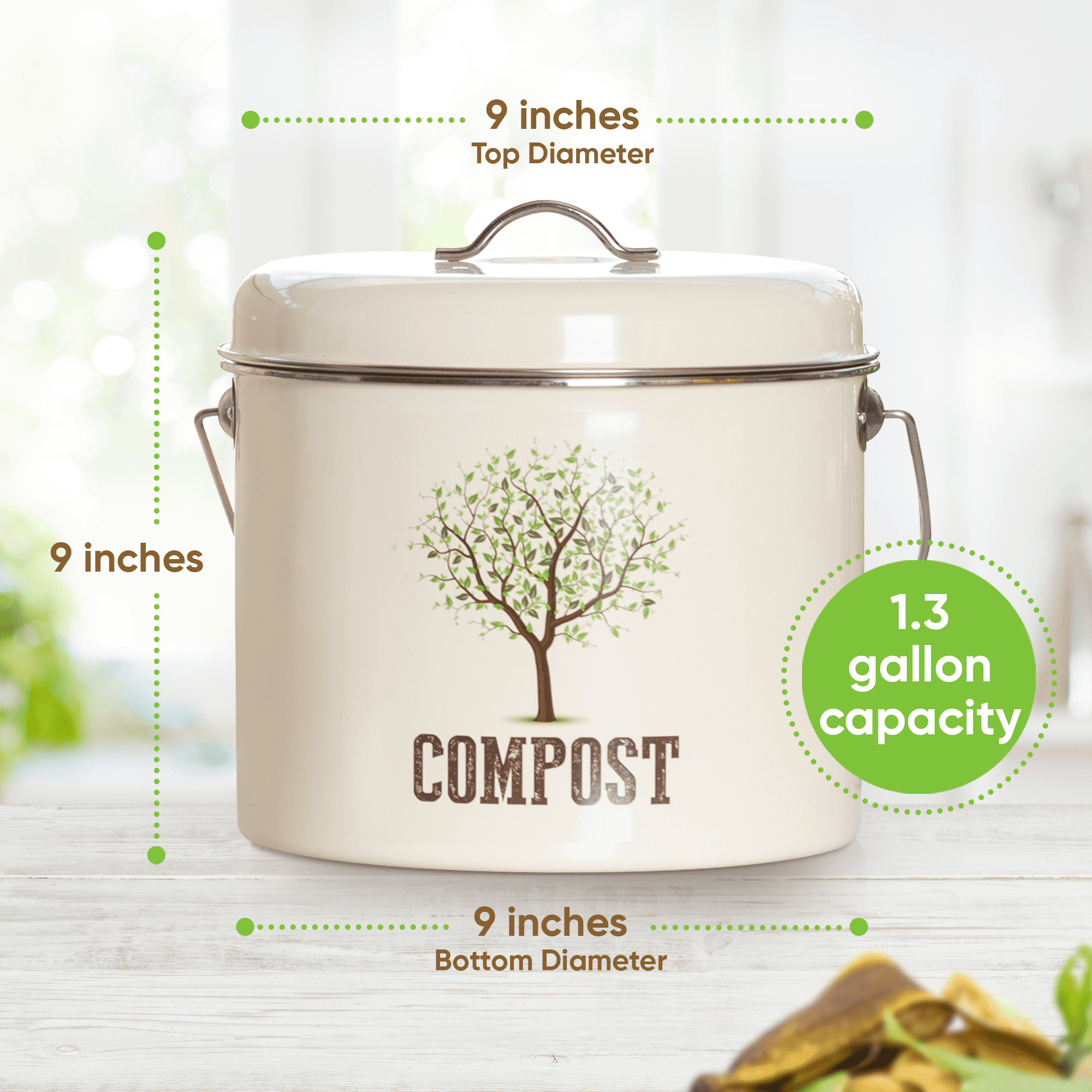 Third Rock Kitchen Compost Bin - 1.3 Gallon Compost Pail with Inner Compost  Bucket Liner - Premium Dual Layer Powder Coated Carbon Steel Countertop Compost  Bin - Includes Charcoal Filter 