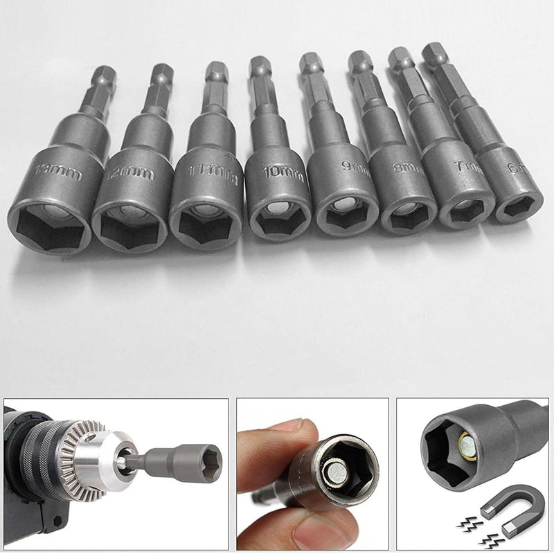 24pcs 1/4 Inch Hex Magnetic Nut Driver Socket Set Metric Impact Drill Bits 6 to 13mm Adapter