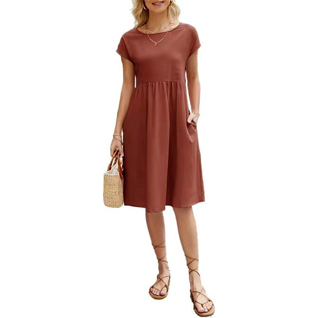 Robe de Plage Décontractée à Manches Courtes en Coton et Lin pour Femmes avec Poches