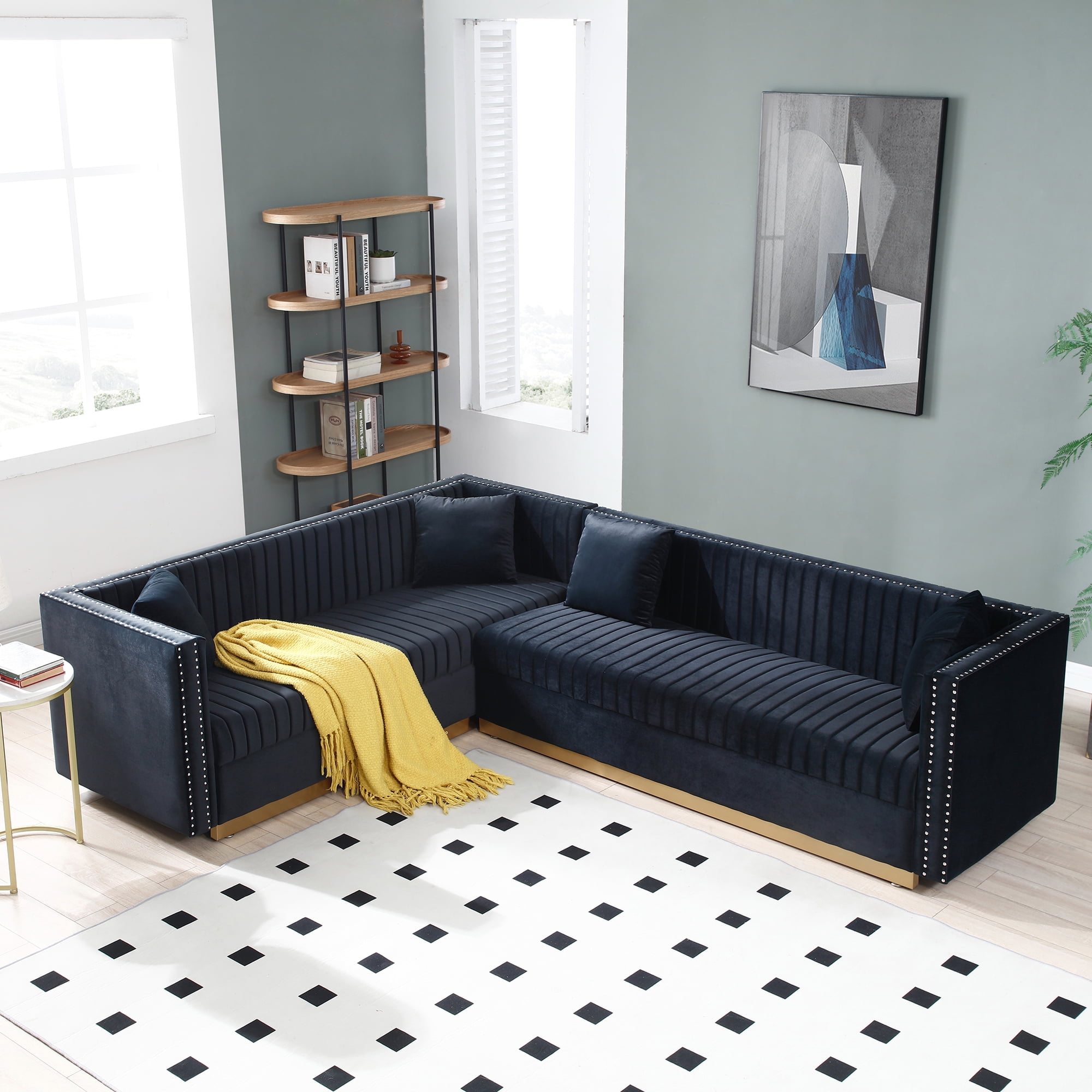 Owen Navy Blue Velvet Modern Living Room Corner Sectional