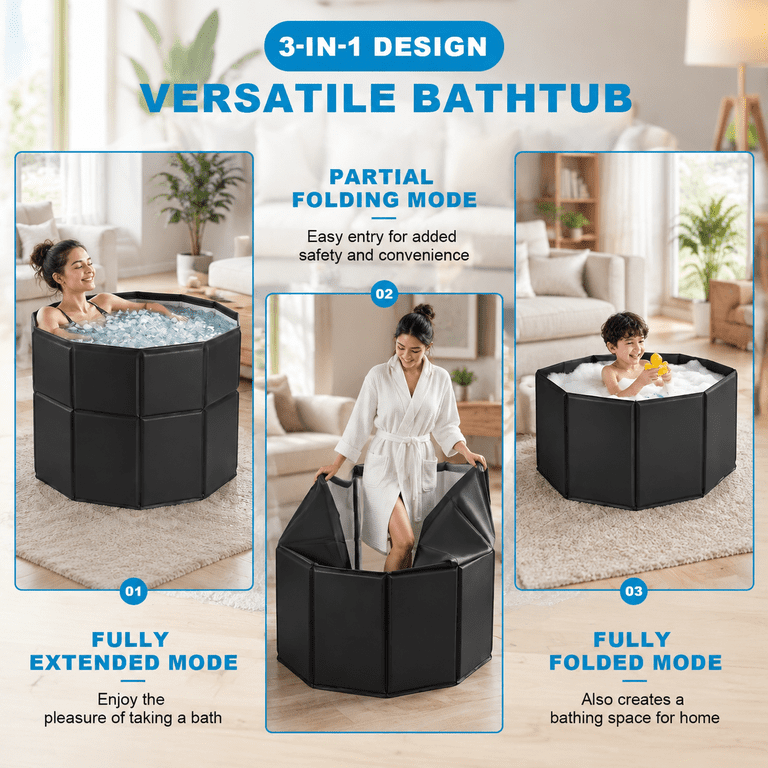 Coldaspa Black Portable Collapsible Bathtub for Adults, 31.5