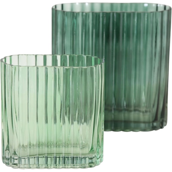 Modernist Home Oval Vases, Sage Green Glass, Fancy Wavy Pattern, Set of 2