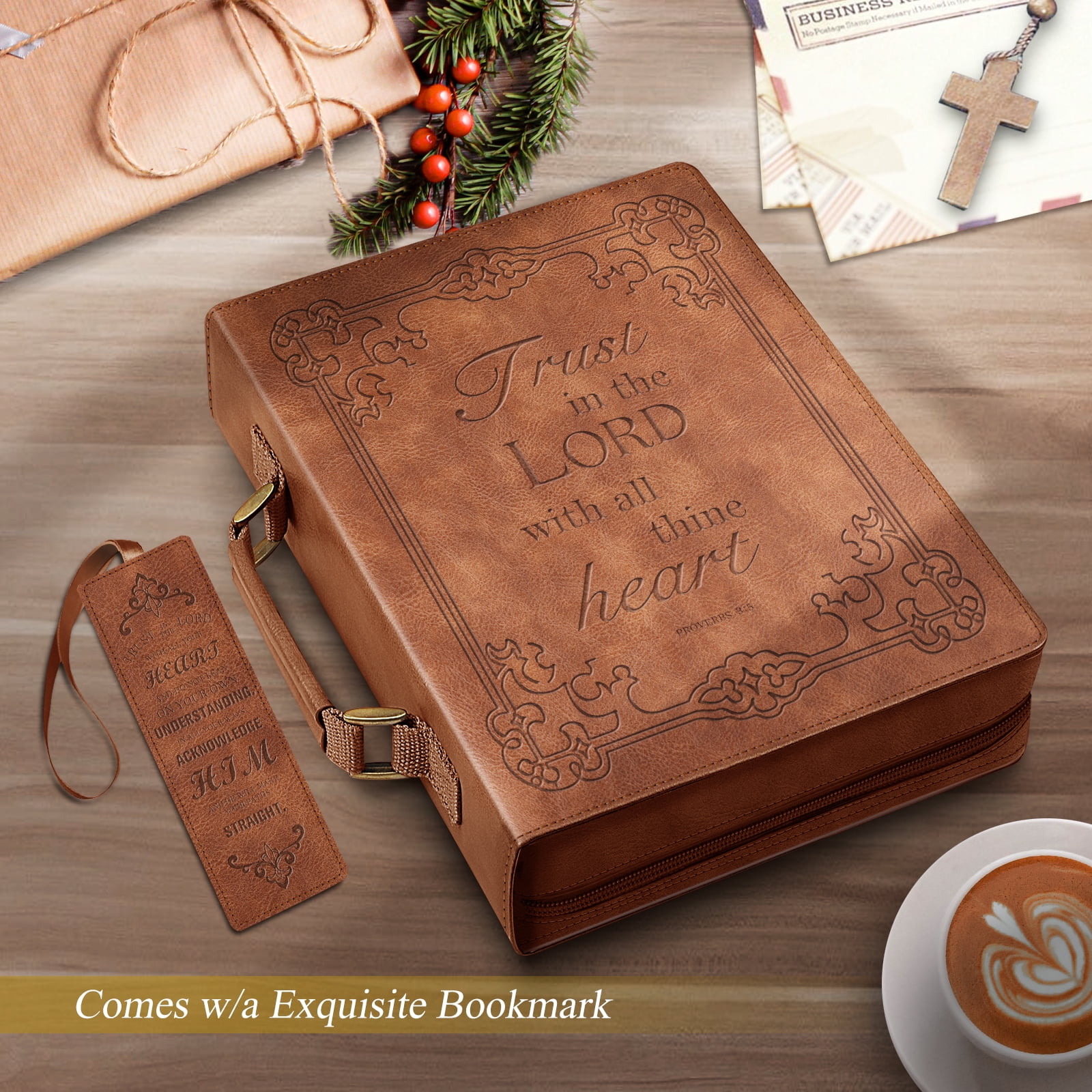 Classic Bible Cover, FINPAC Extra Large PU Leather Carrying Book Case Church Bag Bible Protective with Handle, Perfect Gift for Men, Women, Father, Mother, Friends [Trust in The Lord], Bronze