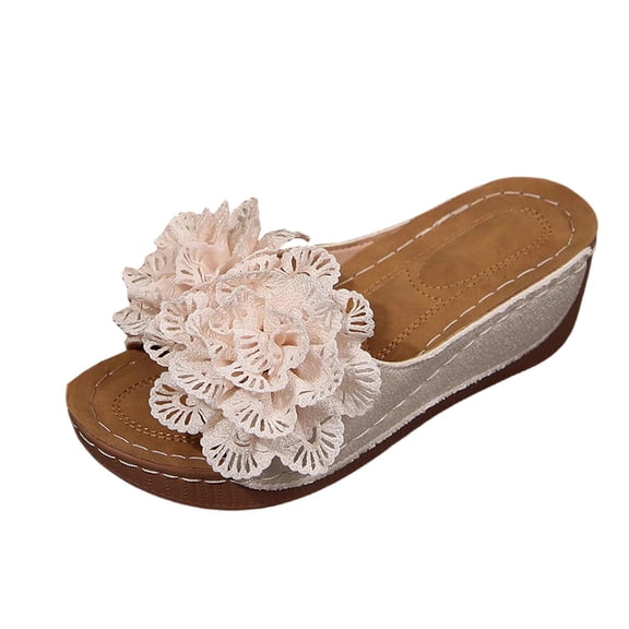 Beige Women'S Slides Open Toe Flower Decor Wedge Heel Thick Sole Breathable Outdoor Casual Footwear Solid Color For Summer Daily Wear Size 36