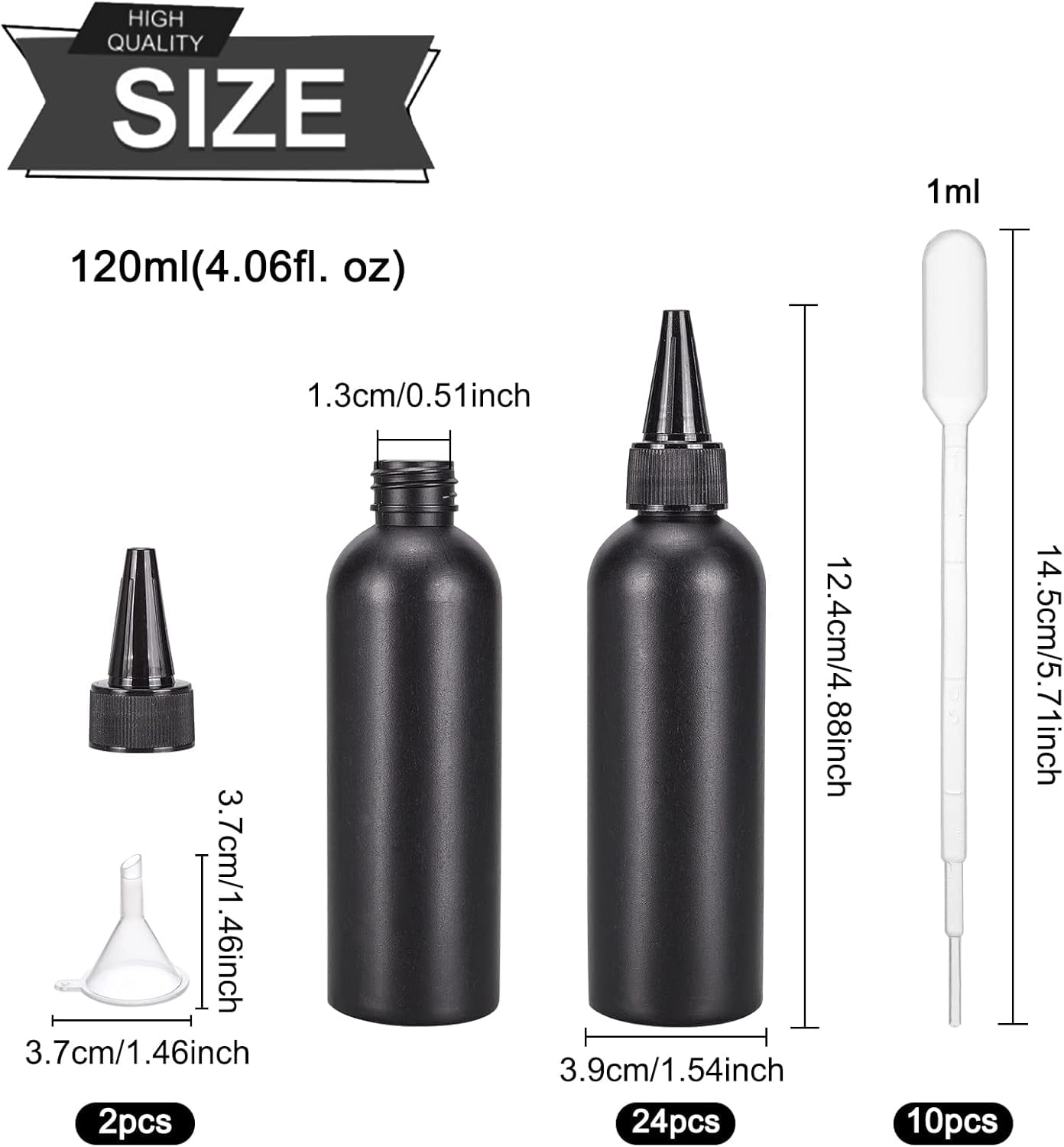 16Pcs 120ml/4.06oz Black Plastic Squeeze Bottles Squeeze Condiment Bottles with 2Pcs Funnels and 10Pcs Transfer Pipettes for Ink Tattoo Liquid Painting Glue Mixed Color