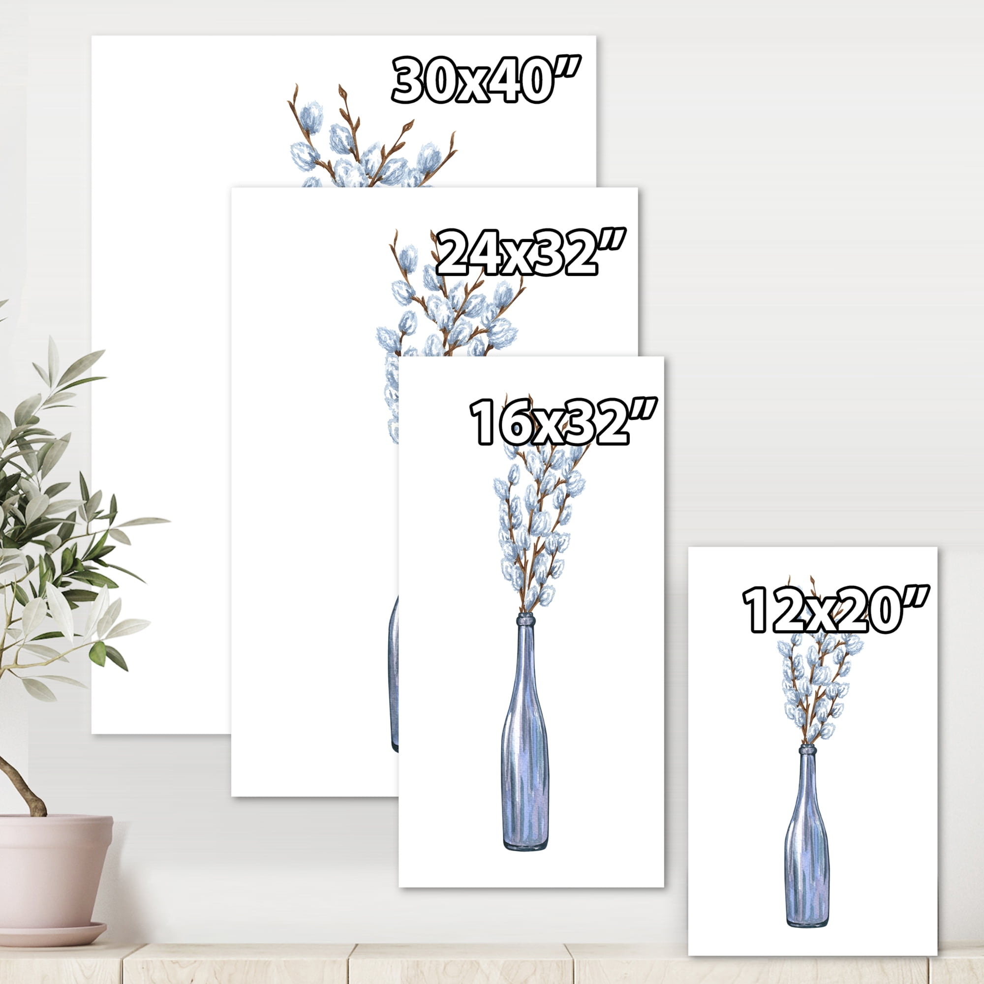 Designart ' Bunch of White Pussy Willow Twigs II ' Farmhouse Canvas Wall Art Print