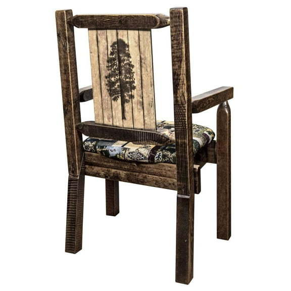 Homestead Collection Captain's Chair, Woodland Upholstery w/ Laser Engraved Pine Tree Design, Stain & Lacquer Finish