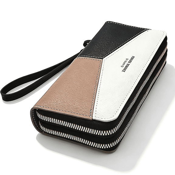 Tipmant Women Wristlet Wallet Color Block Double Zipper Ladies Long Clutch Purse Classic Vegan PU Leather Card Slots Phone Cash Coin Organizer