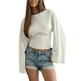 thumbnail image 3 of BiZtdJrK Women Trendy Cropped Tops Cinched Waist Flare Long Sleeve Crew Neck T Shirt Loose Fit Going Out Tee Shirts White M, 3 of 10
