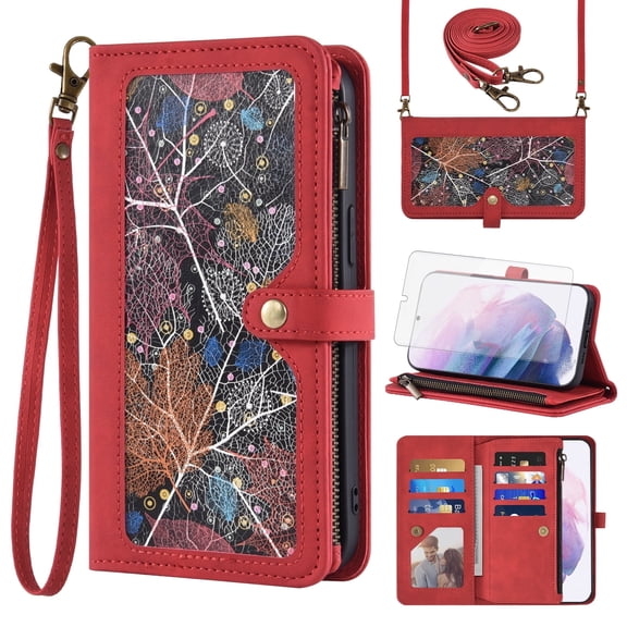 Asuwish Phone Case for Samsung Galaxy S21 Plus S21  5G Wallet Cover With Tempered Glass Screen Protector Wrist Strap Flip Pattern Zipper Credit Card Holder Cell S21 5G S21plus 21S   S 21 21  G5 Red