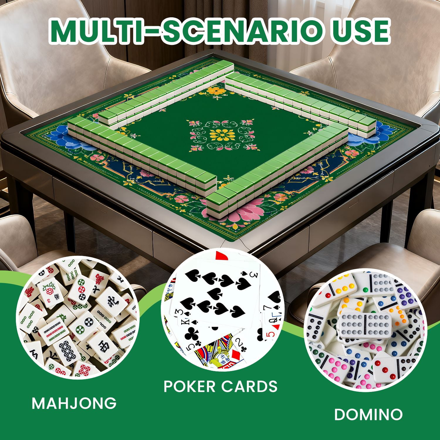 Mahjong Mat 31.5" x 31.5" Floral Vibrant Colors Abstract Design Green Non-Slip Noise Reduction Mahjong Tiles Table Cover for Dominoes Poker Card Board and Tile Games