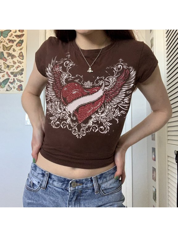 Women Short Sleeve Crop Top Summer Casual Vintage Graphic Slim Fit Tee Top Round Neck T-Shirt Streetwear