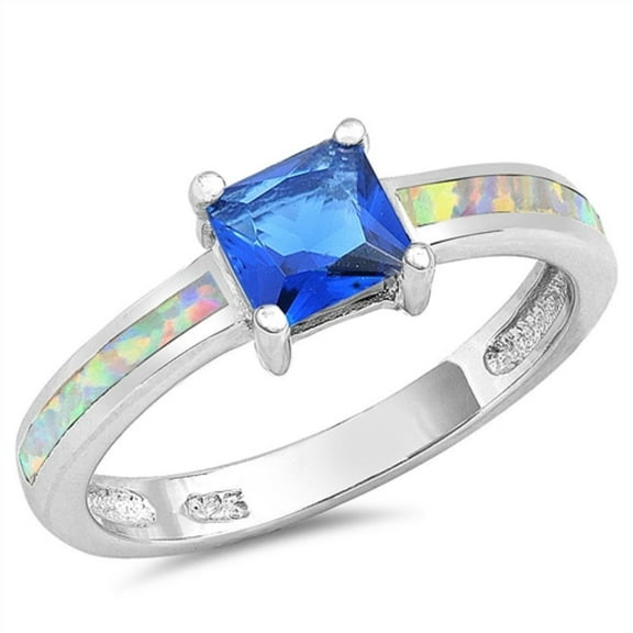 Princess Cut Simulated Sapphire Cubic Zirconia Sided With White Simulated Opal Ring Sterling Silver Size 10