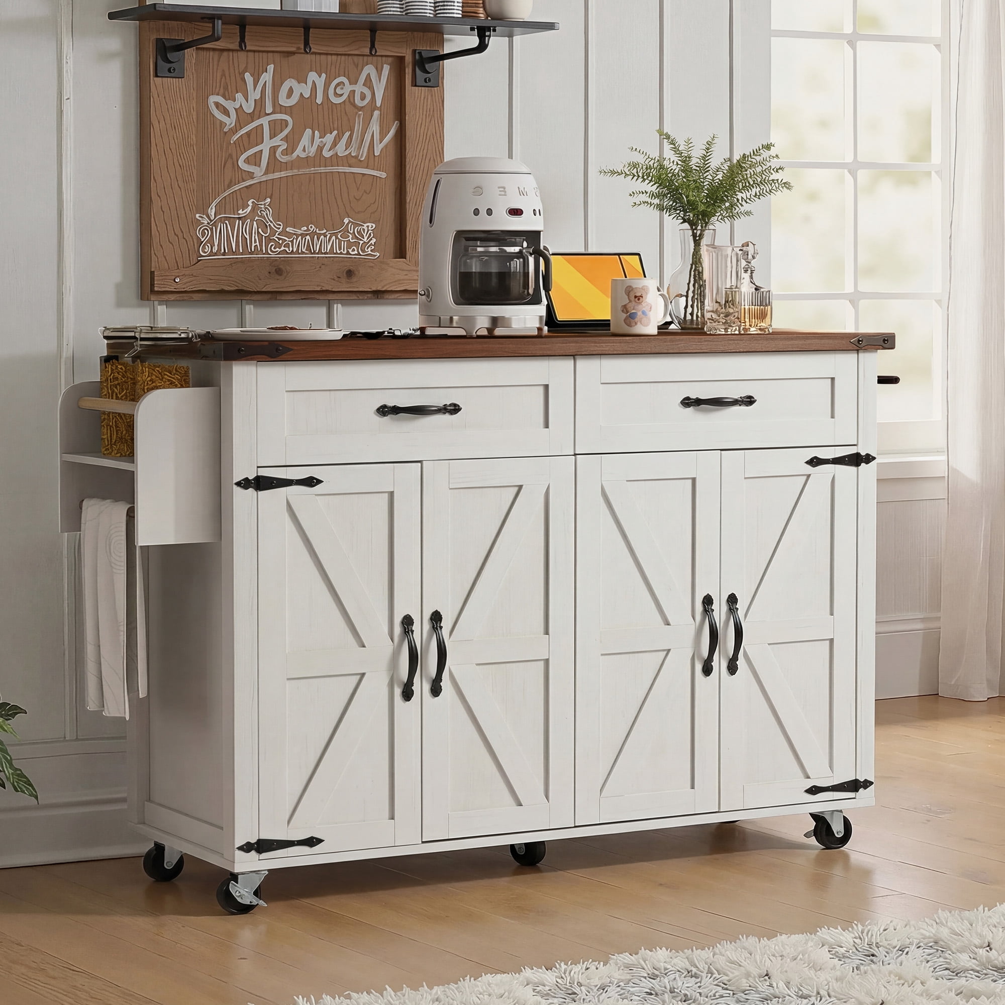 Mintazer 53.5" Kitchen Island Cart with Drop Leaf & Power Outlet and Adjustable Shelves, Rolling Farmhouse Kitchen Island Table with 2 Drawers, 4 Barn Doors, Spice Rack & Towel Bar, White