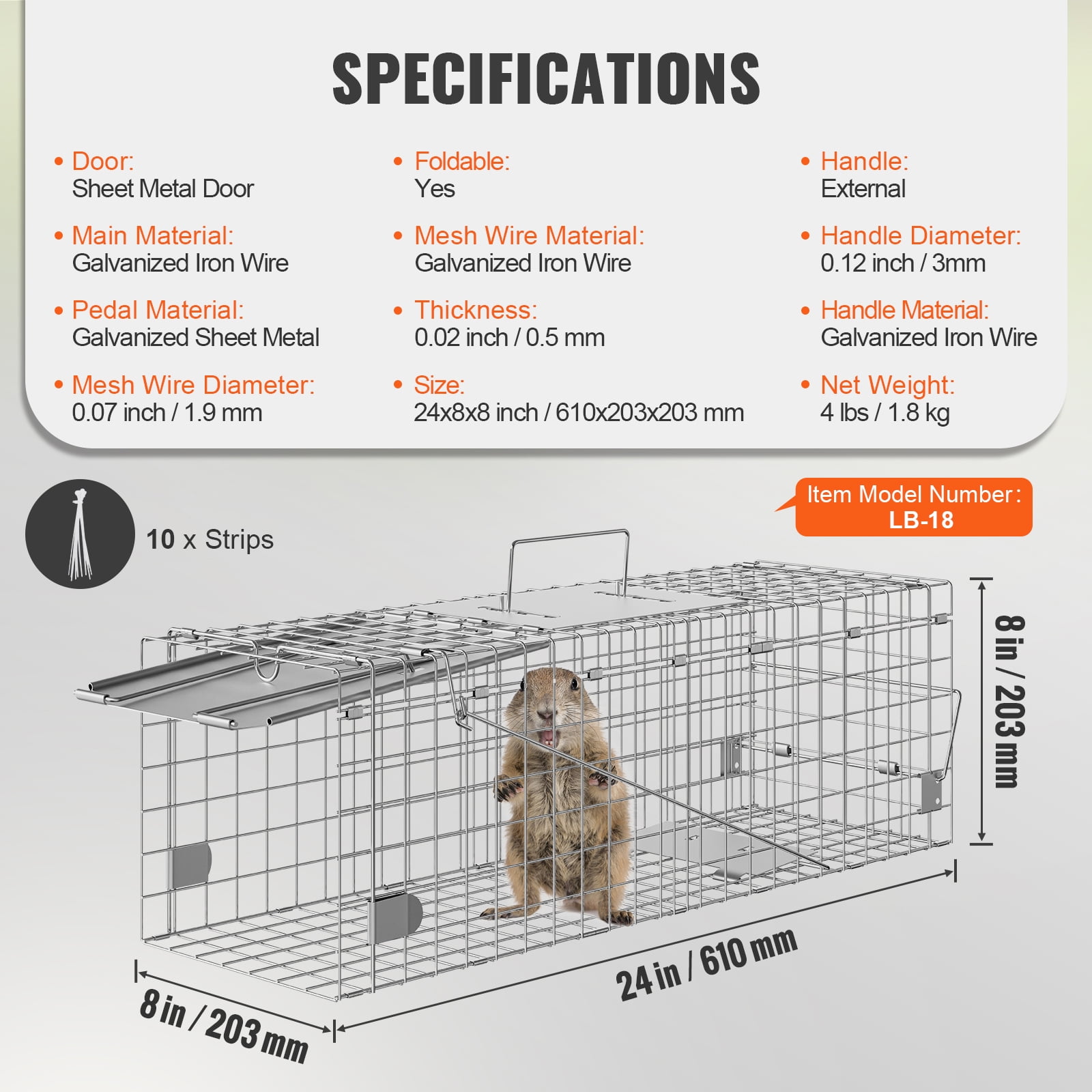 KFFKFF Live Capture Animal Trap 24"x8"x8", Durable Galvanized Iron Cage, Collapsible Design with Carrying Handle for Safe Transport of Rabbits, Feral Cats, Squirrels