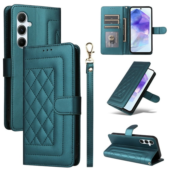 Compatible with Samsung Galaxy S24 Plus Case, Premium Leather Wallet Book Case Magnetic Flip RFID Blocking Credit Card Holder Kickstand with Wrist Strap Shock Absorbing Case, Darkgreen