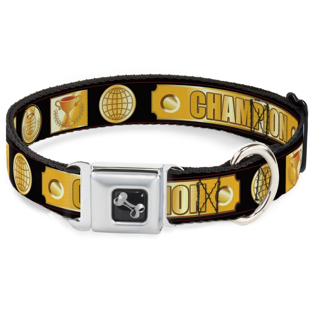 Buckle-Down Pet Collar, Dog Collar Metal Seatbelt Buckle, Champion Belt Icons Black Golds, 9.5 to 13 Inches 1.0 Inch Wide