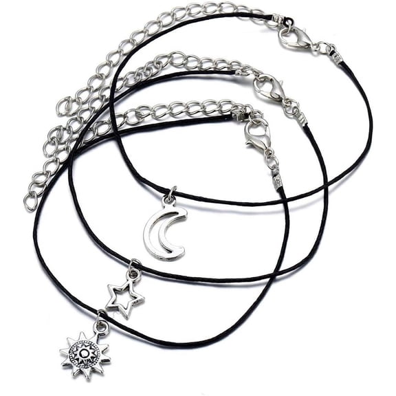 Bohemian Leather Anklet Sun Star Moon Foot Chain 3 Pcs Beach Wedding Jewelry Boho Ankle Bracelet for Women